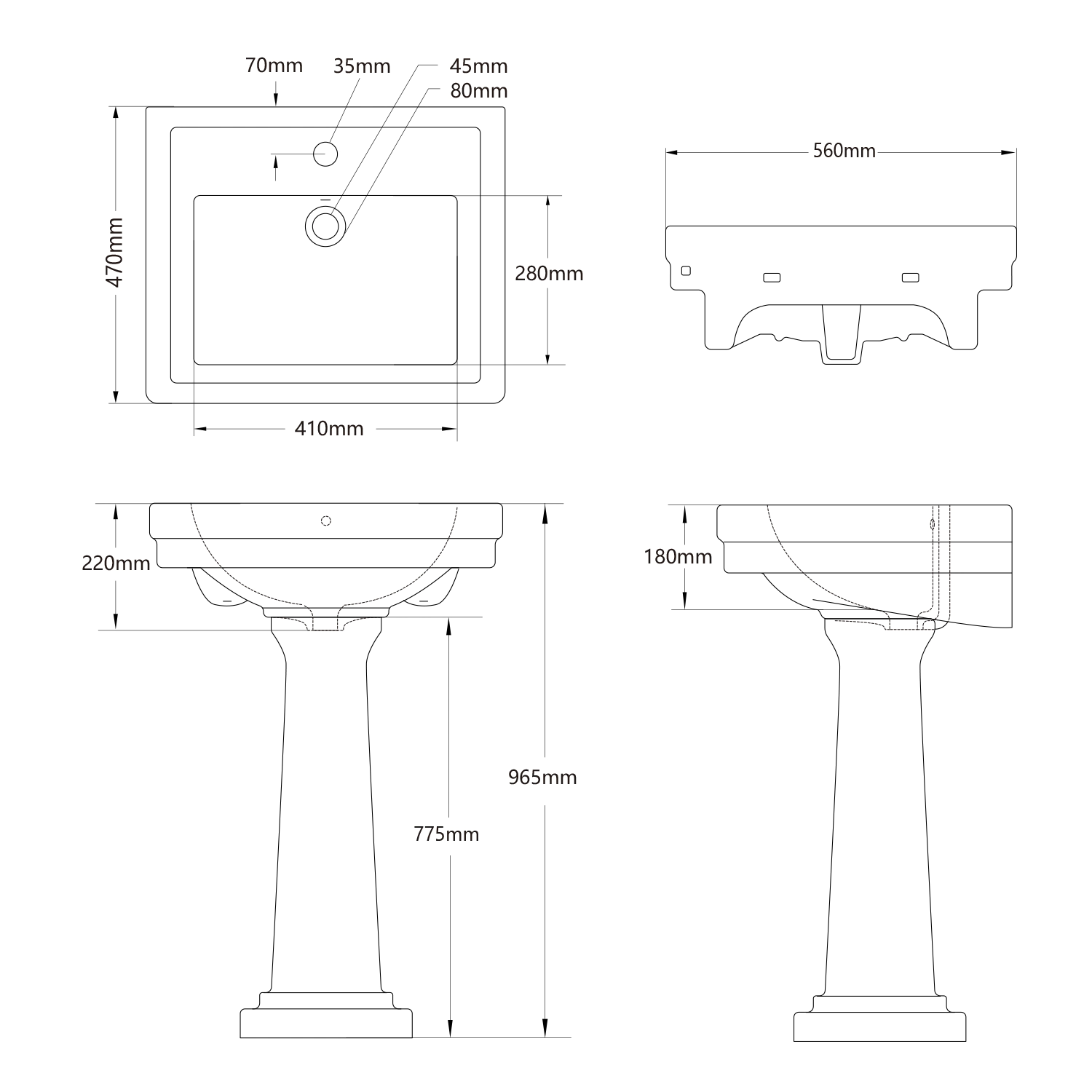 dimension figure of white rectangle pedestal sink mb-2071